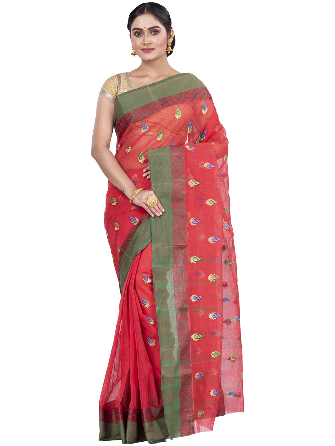 

PuJoy Ethnic Motifs Woven Design Zari Pure Cotton Handloom Taant Saree, Red