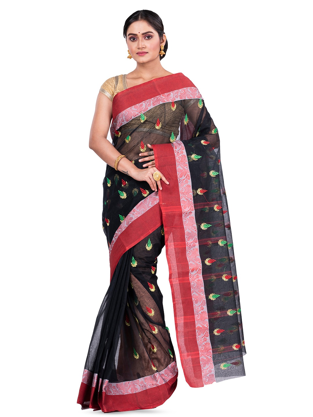 

PuJoy Ethnic Motifs Woven Design Pure Cotton Taant Saree, Black