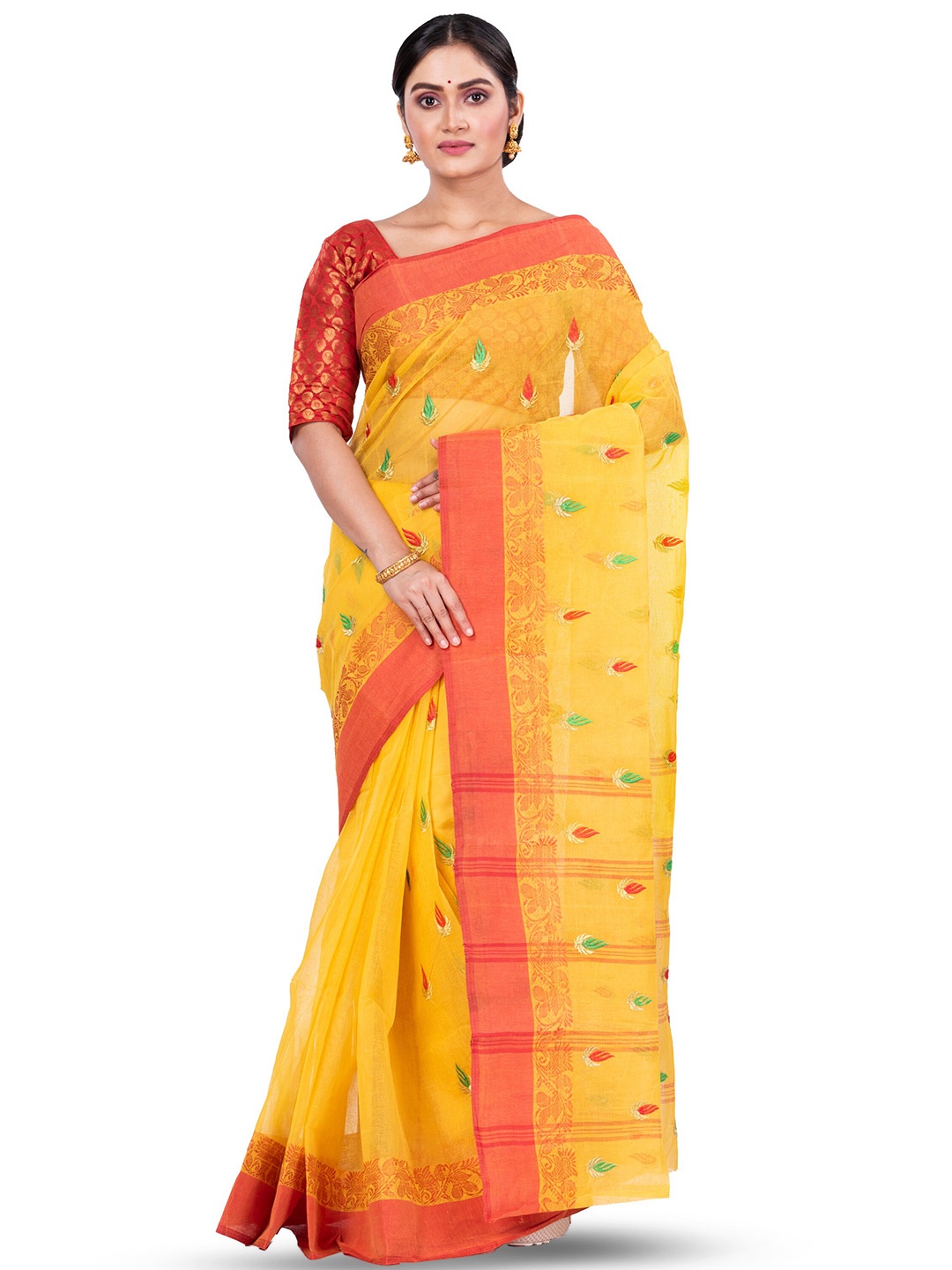 

PuJoy Woven Design Pure Cotton Taant Saree, Yellow