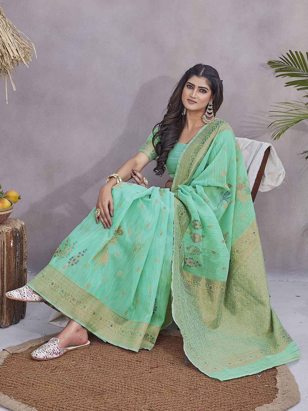 

Ariya Prints Ethnic Motifs Woven Design Zari Pure Linen Kanjeevaram Saree, Sea green