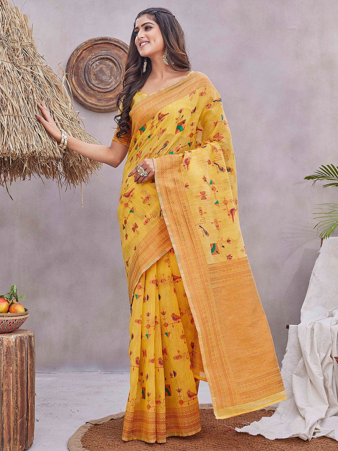 

Ariya Prints Abstract Woven Design Zari Kanjeevaram Saree, Yellow