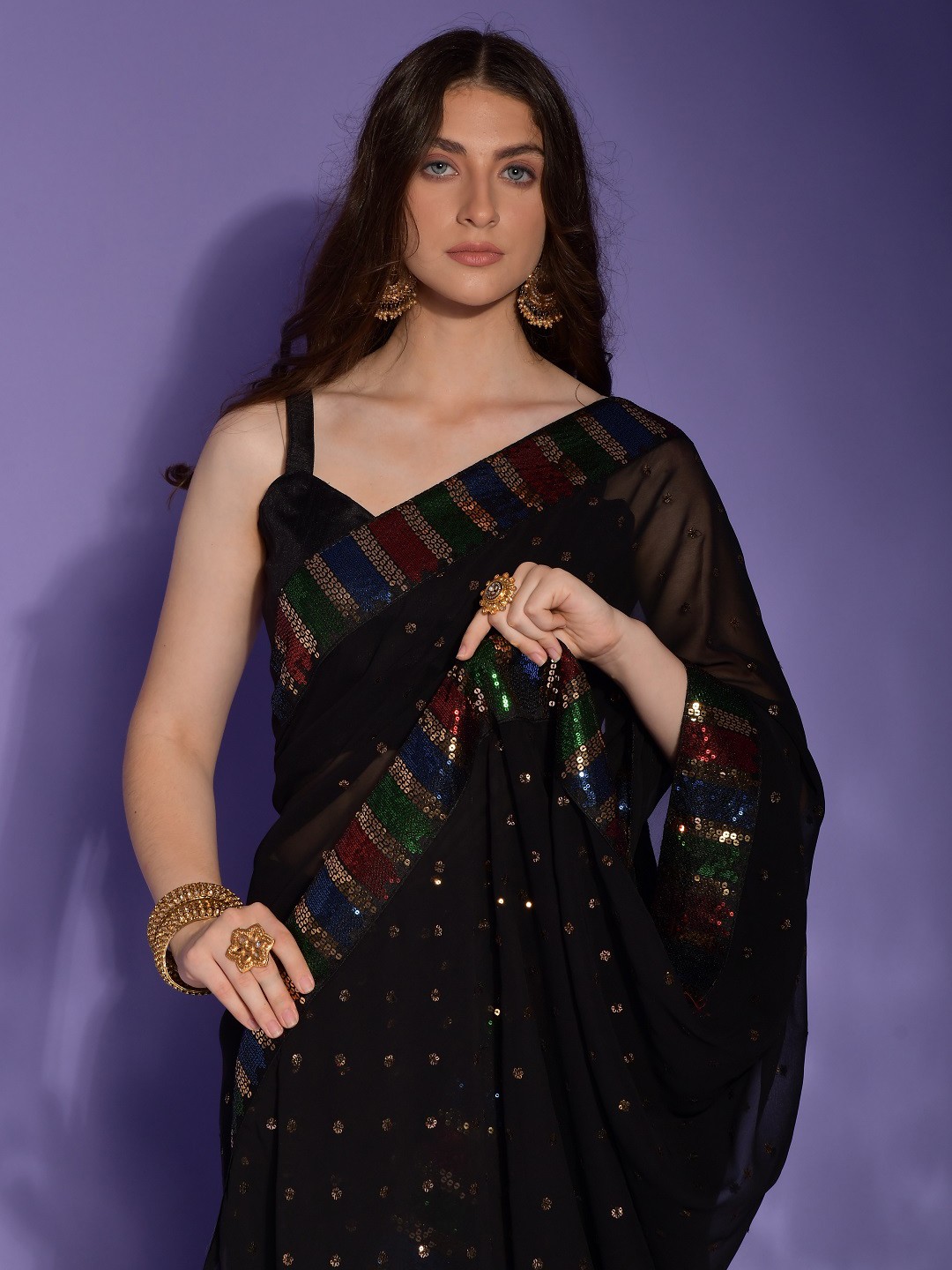 

Kalista Black & Red Embellished Sequinned Pure Georgette Saree