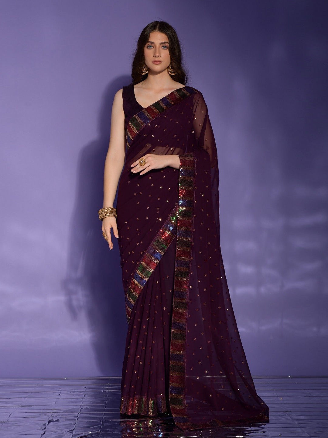 

Kalista Embellished Sequinned Pure Georgette Saree, Purple