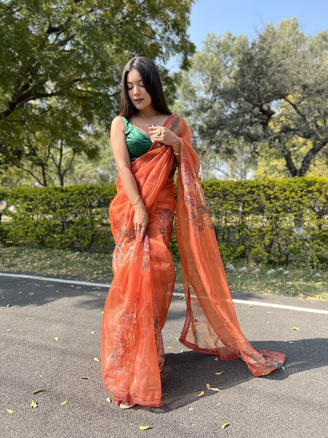 

Kalista Floral Embroidered Organza Saree, Orange