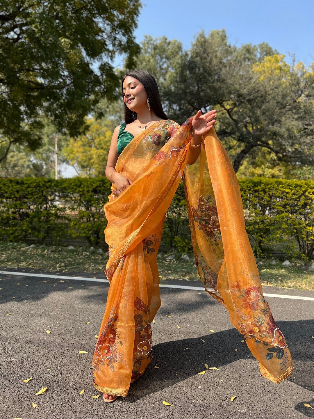 

Kalista Floral Embroidered Organza Saree, Mustard