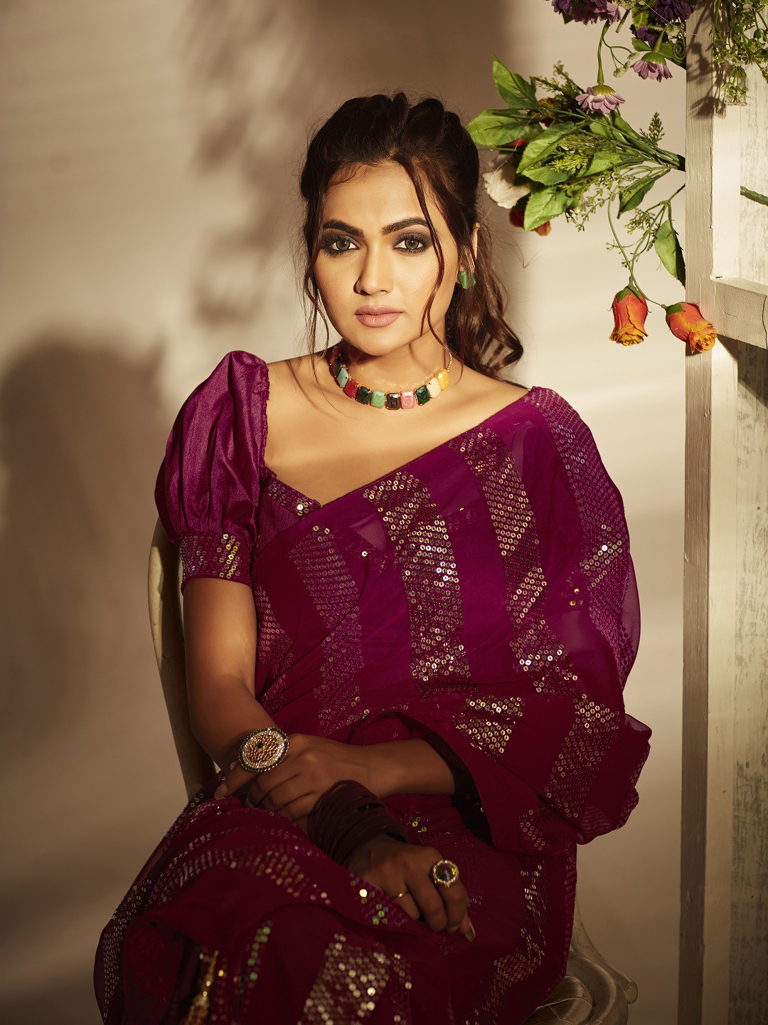

Kalista Maroon & Gold-Toned Embellished Sequinned Pure Georgette Saree