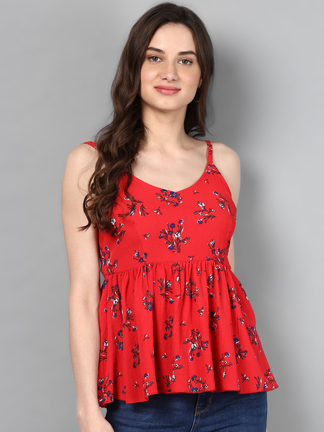 

STREET 9 Red Floral Cinched Waist Ruffled Top