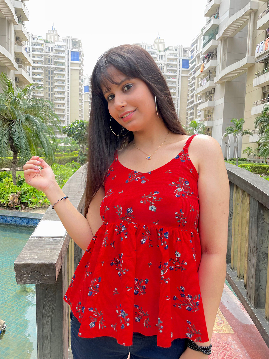 STREET 9 Red Floral Cinched Waist Ruffled Top
