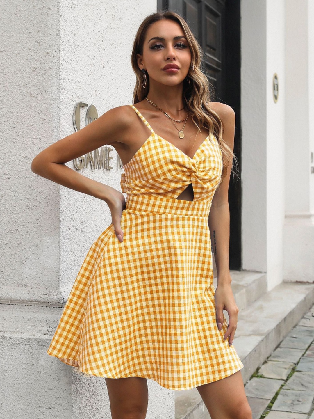 

DressBerry Shoulder Straps Checked Fit & Flare Dress, Yellow