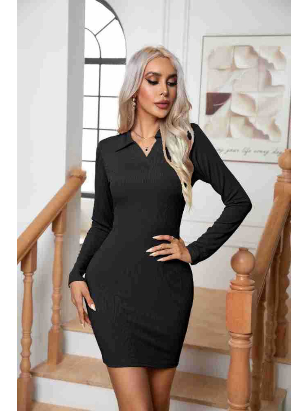 

DressBerry Black Shirt Collar Party Sheath Mini Dress