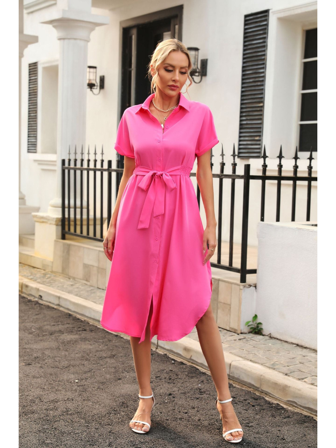 

DressBerry Shirt collar Short Sleeves Midi Dress, Red