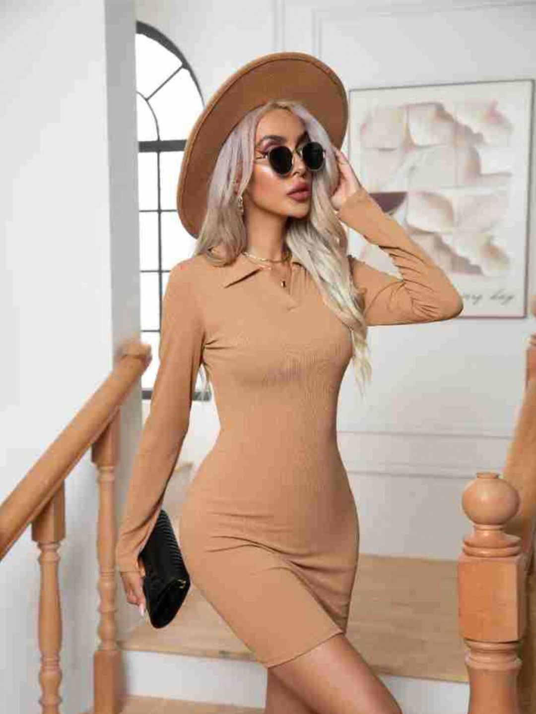 

DressBerry Khaki Shirt Collar Bodycon Dress