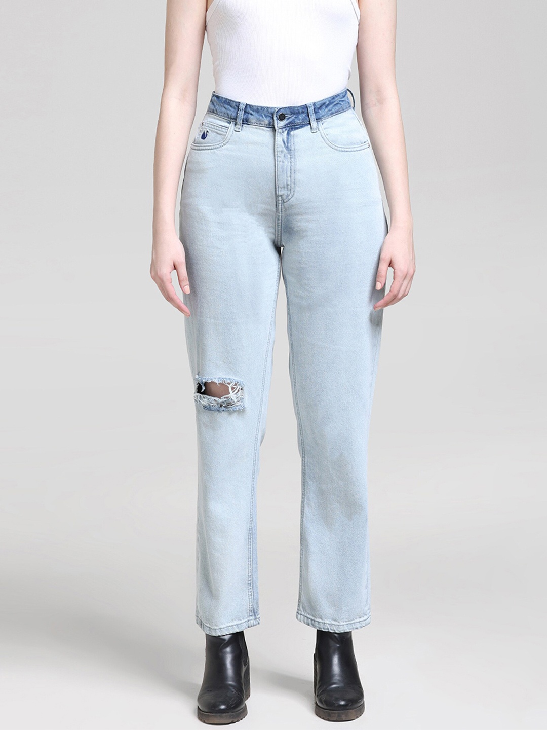 

Gloria Vanderbilt Women Anti Straight Fit High Rise Slash Knee Pure Cotton Jeans, Blue