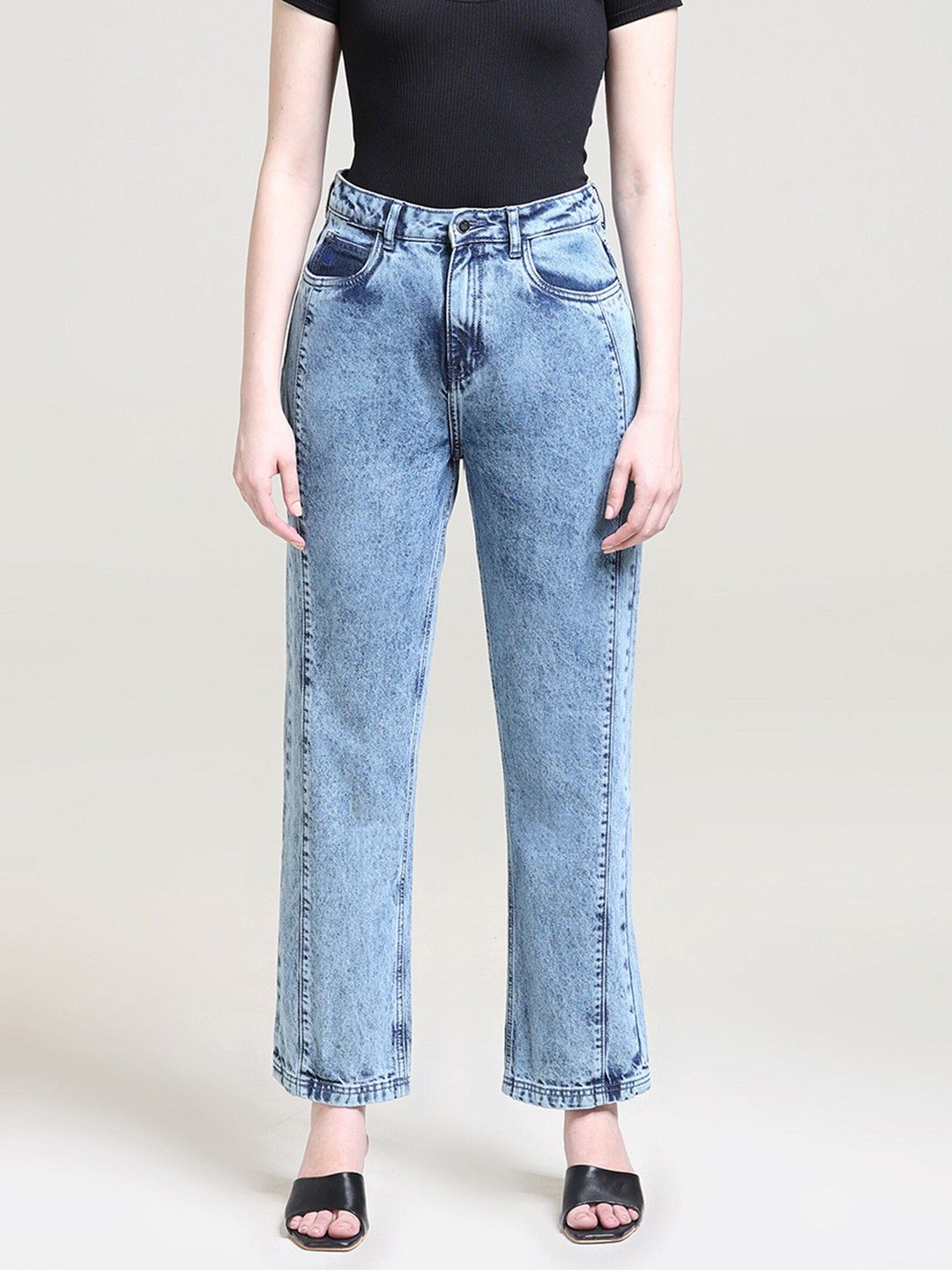

Gloria Vanderbilt Women Anti Straight Fit High Rise Heavy Fade Pure Cotton Jeans, Blue