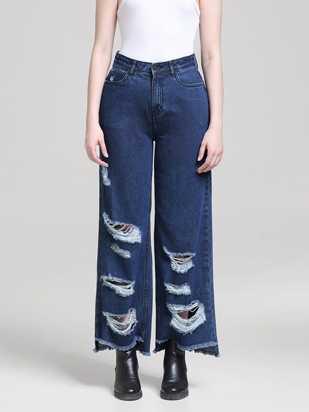 

Gloria Vanderbilt Women Anti Wide Leg High-Rise Highly Distressed Pure Cotton Jeans, Blue