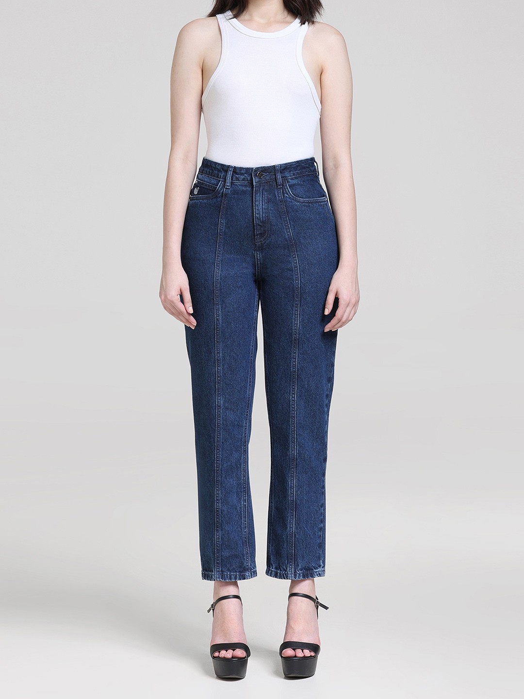 

Gloria Vanderbilt Women Anti Straight Fit High Rise Clean Look Pure Cotton Jeans, Blue