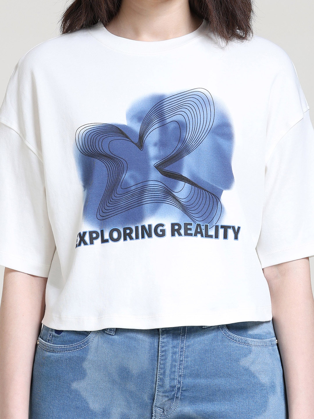 

Gloria Vanderbilt Graphic Printed Drop-Shoulder Sleeves Boxy Cotton T-shirt, White