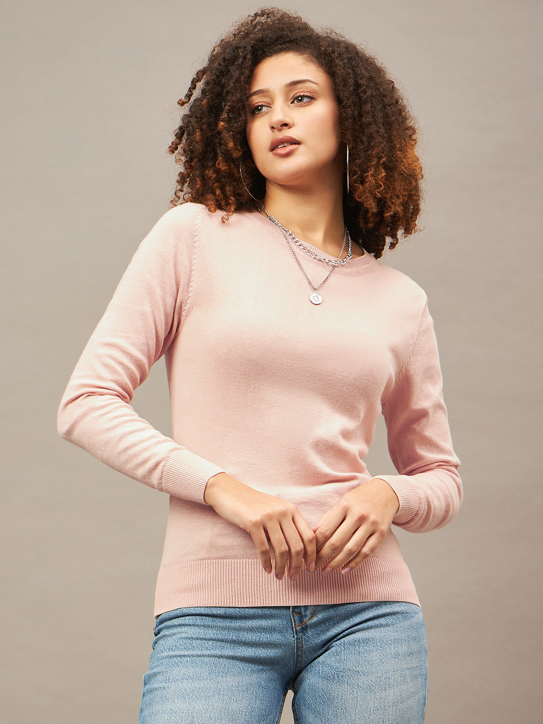

Roadster Women Knitted Cotton Round Neck Pullover Sweaters, Peach