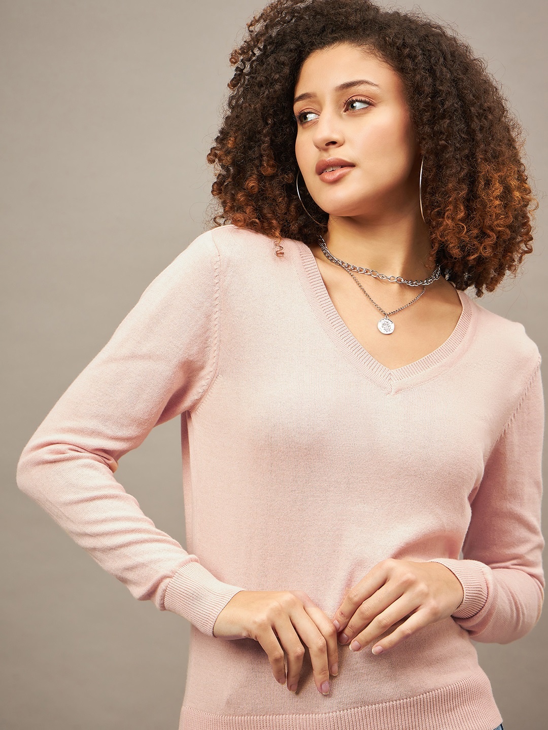 

The Roadster Lifestyle Co. Peach Knitted Cotton V Neck Pullover Sweater