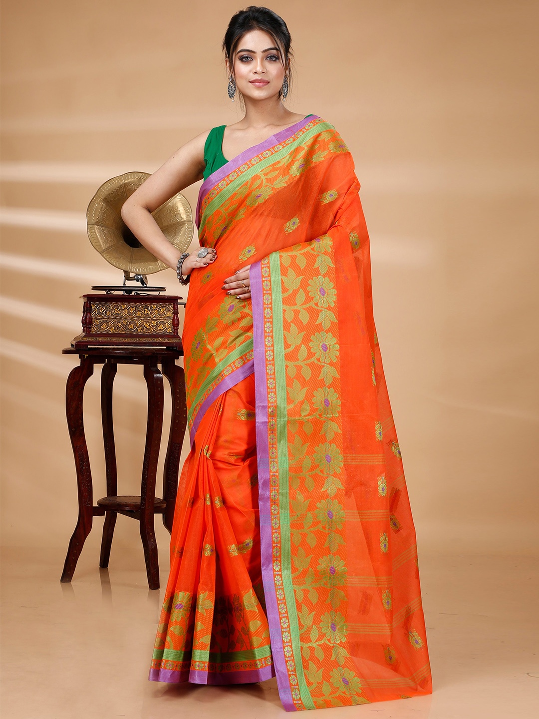 

DipDiya Floral Zari Pure Cotton Taant Saree, Orange