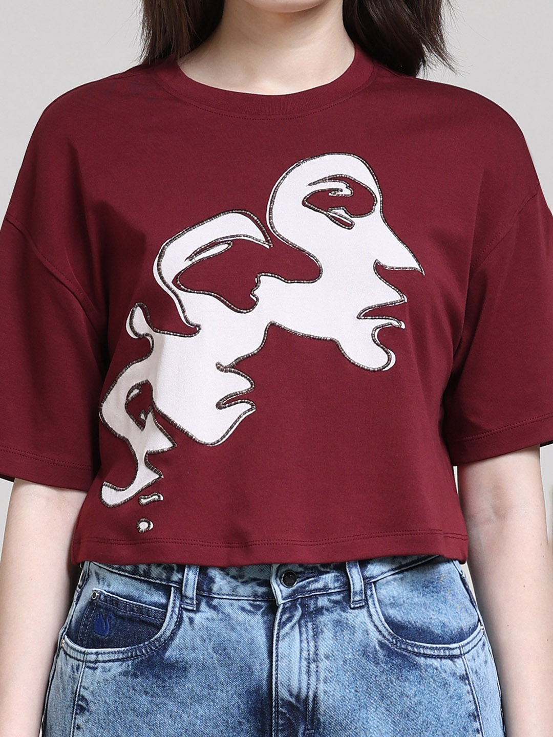 

Gloria Vanderbilt Graphic Printed Drop-Shoulder Sleeves Boxy Cotton T-shirt, Maroon