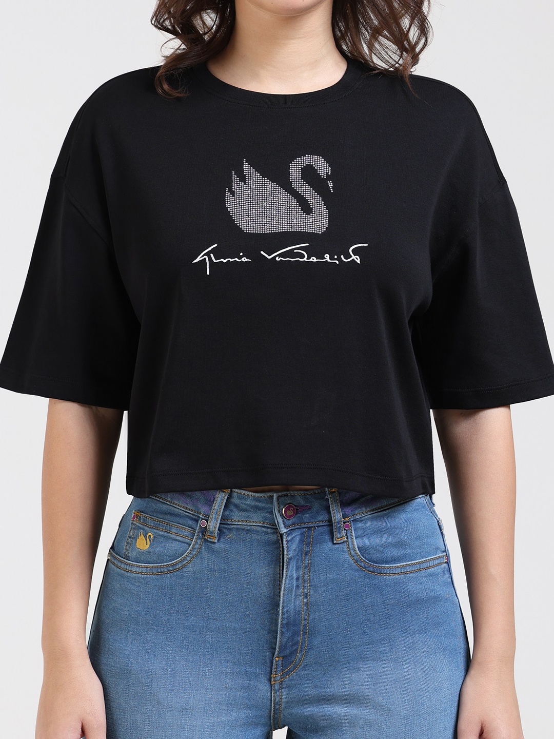 Gloria Vanderbilt Typography Printed Embellished Detail Boxy Cotton T-shirt, Black