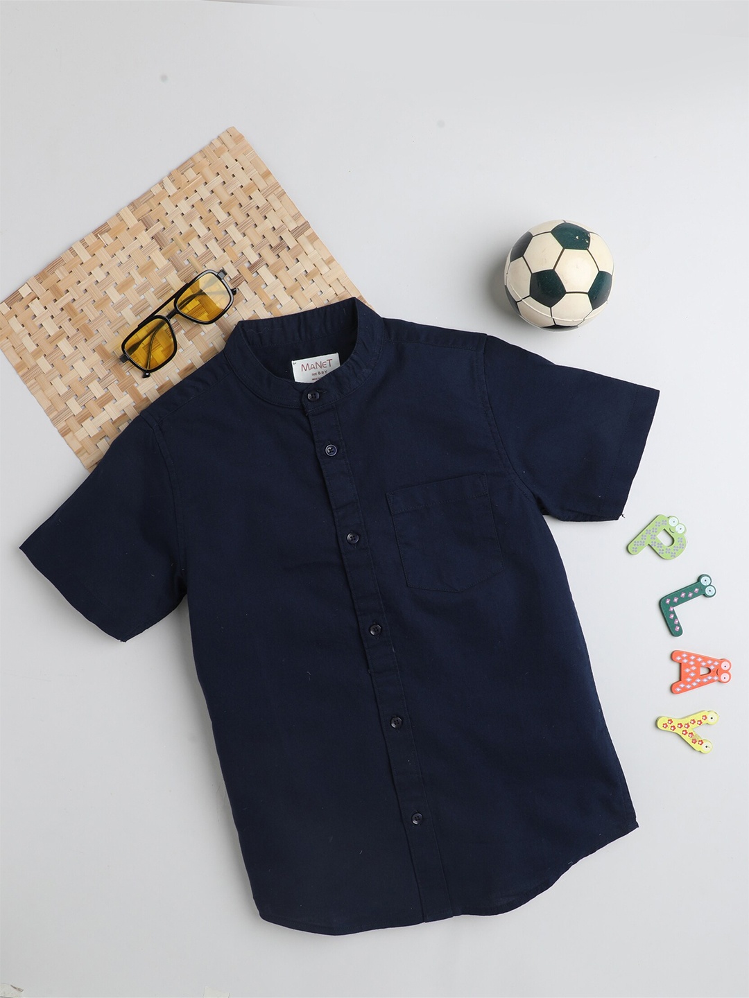 

MANET Boys Mandarin Collar Cotton Casual Shirt, Navy blue