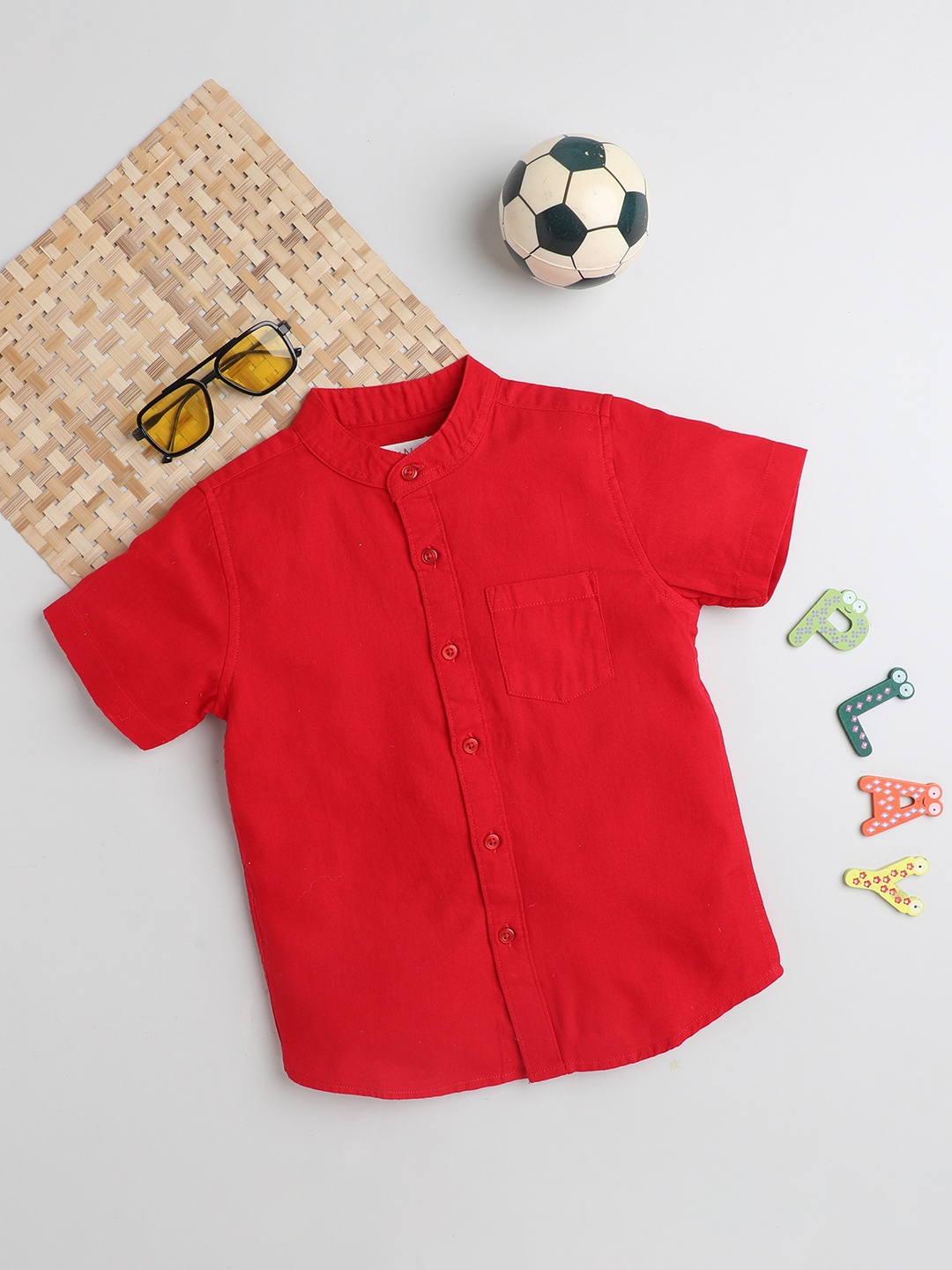 

MANET Boys Band Collar Oxford Casual Cotton Shirt, Red