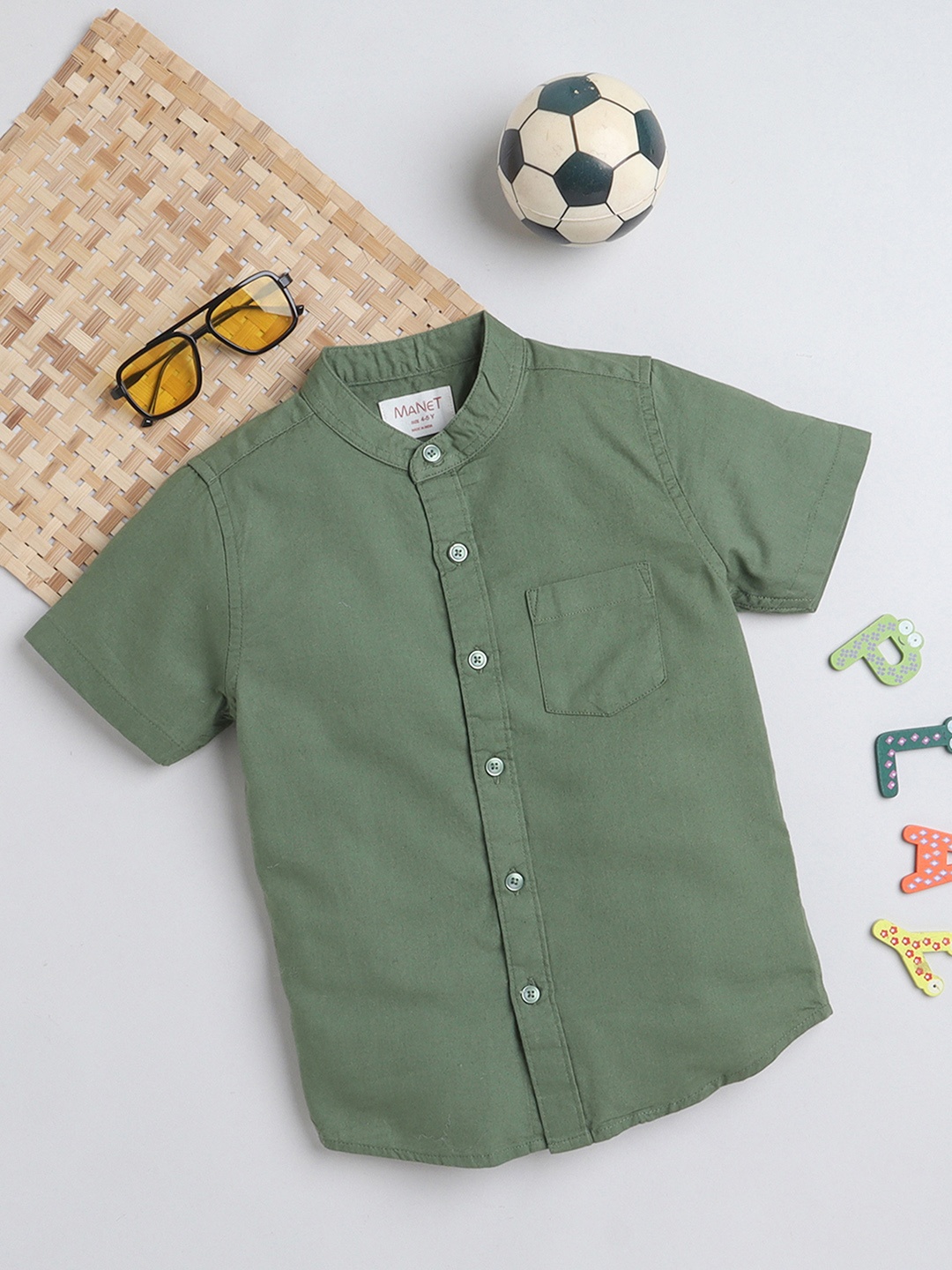 

MANET Boys Band Collar Oxford Casual Cotton Shirt, Green