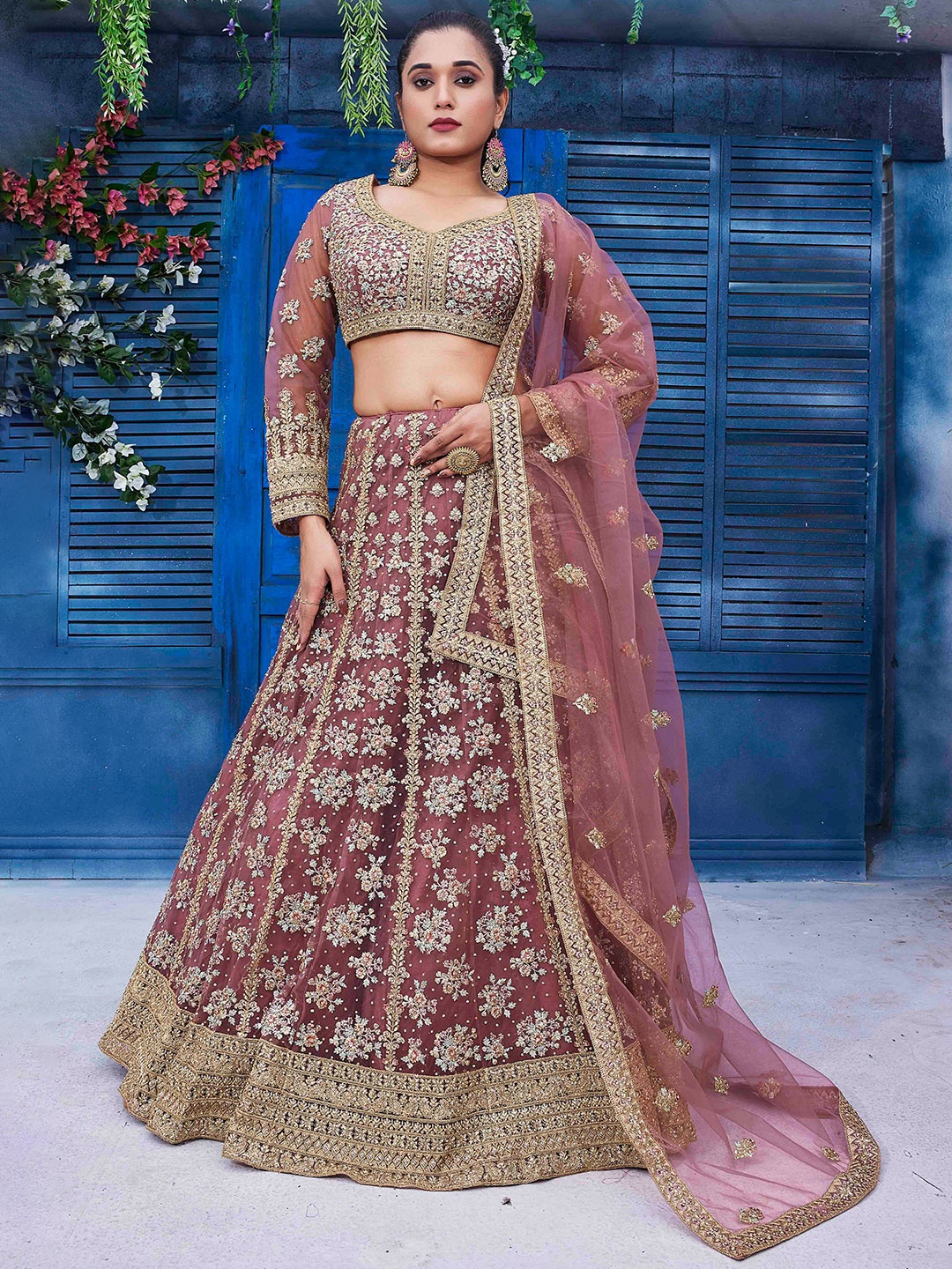 

Ariya Prints Embroidered Sequinned Net Ready to Wear Lehenga With Blouse & Dupatta, Peach