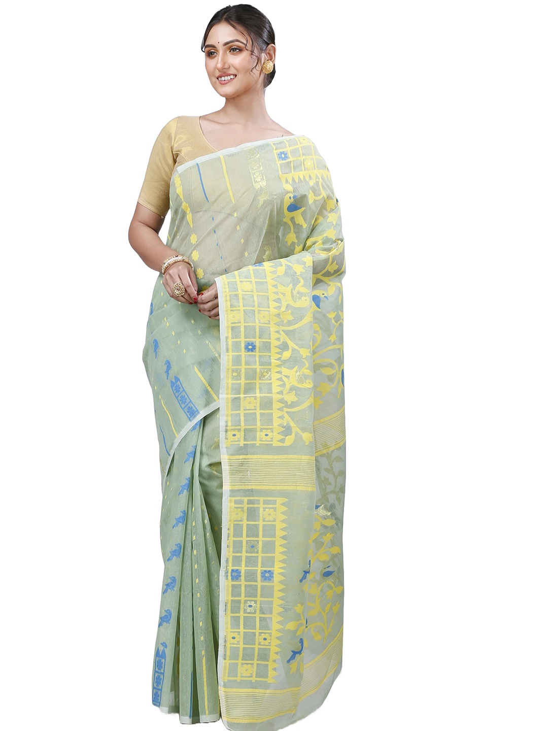 

PuJoy Floral Woven Design Pure Cotton Jamdani Saree, Off white