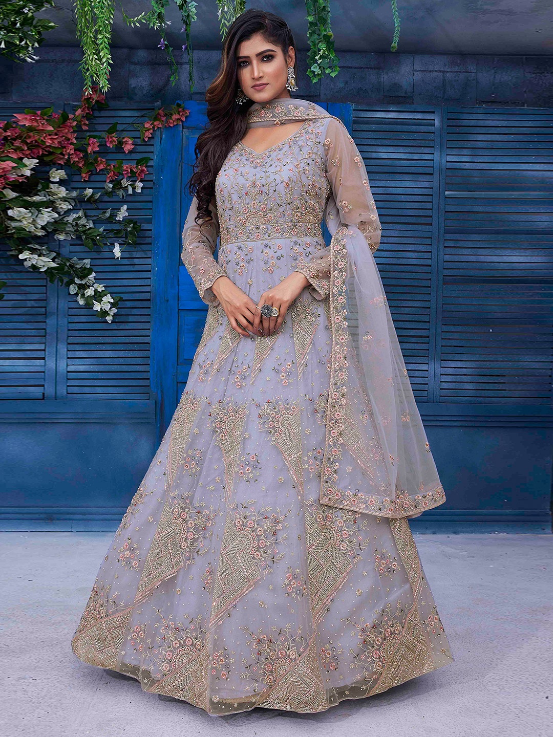 

Ariya Prints Embroidered Fit & Flared Maxi Gown With Dupatta, Blue