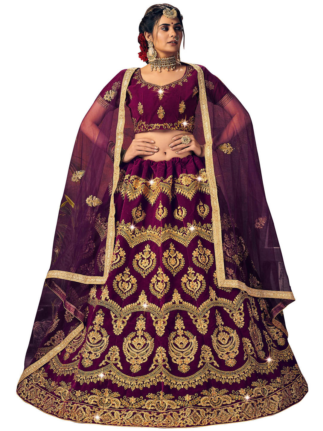 

MANVAA Embroidered Velvet Semi Stitched Lehenga & Unstitched Blouse With Dupatta, Purple