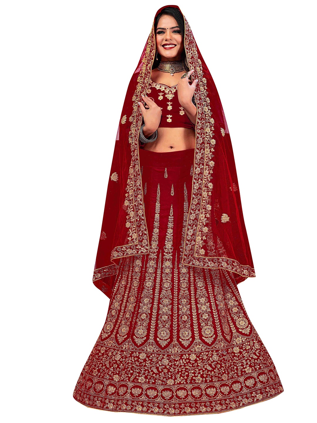 

MANVAA Embroidered Beads and Stones Semi-Stitched Lehenga & Unstitched Blouse With Dupatta, Maroon