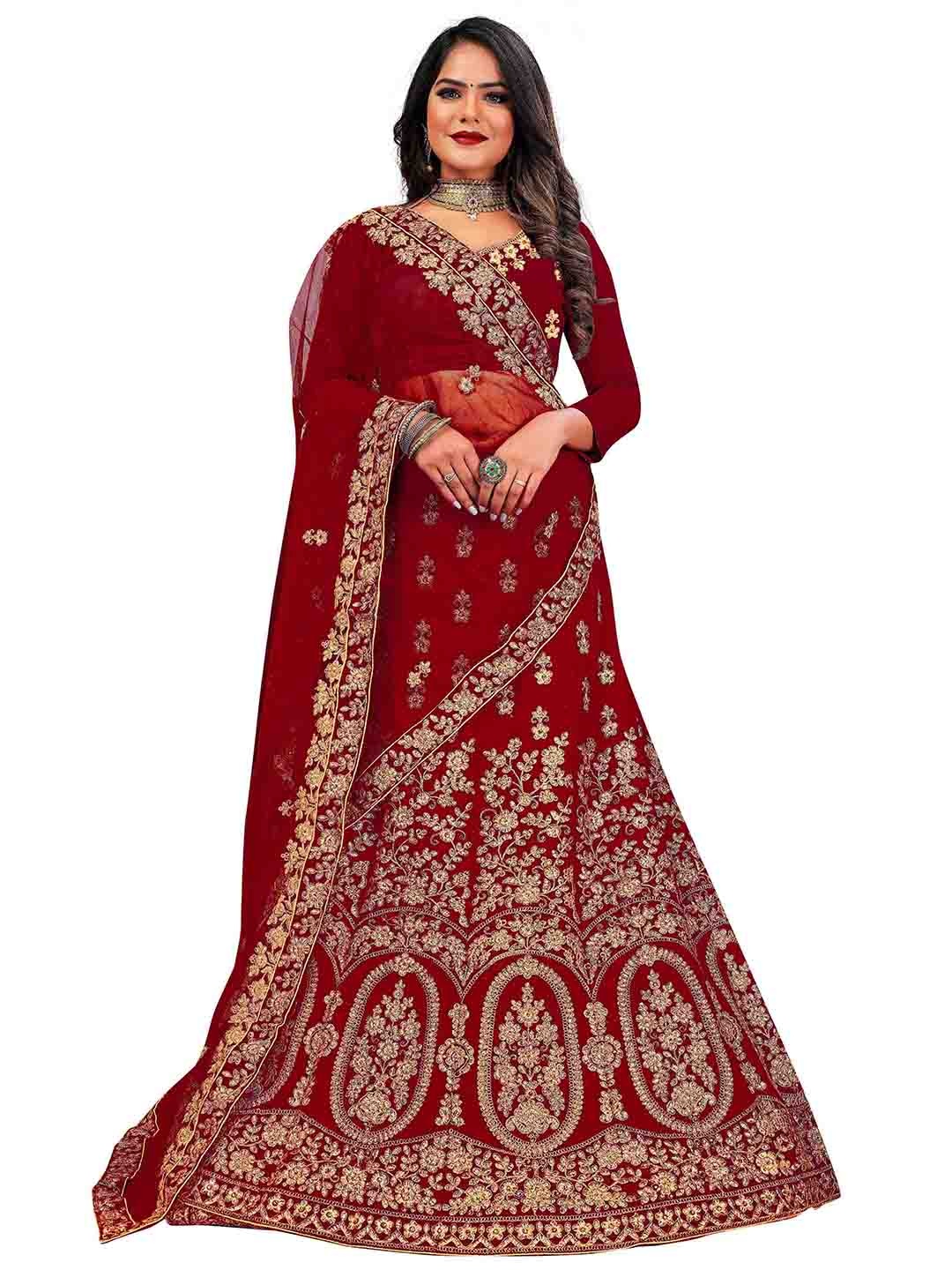 

MANVAA Embroidered Beads And Stones Semi-Stitched Lehenga & Unstitched Blouse With Dupatta, Maroon