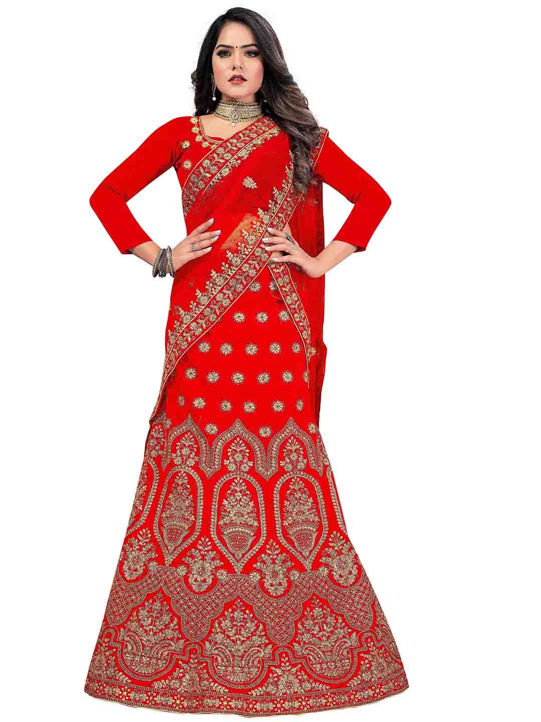 

MANVAA Embellished Beads & Stones Semi-Stitched Lehenga & Unstitched Blouse With Dupatta, Red