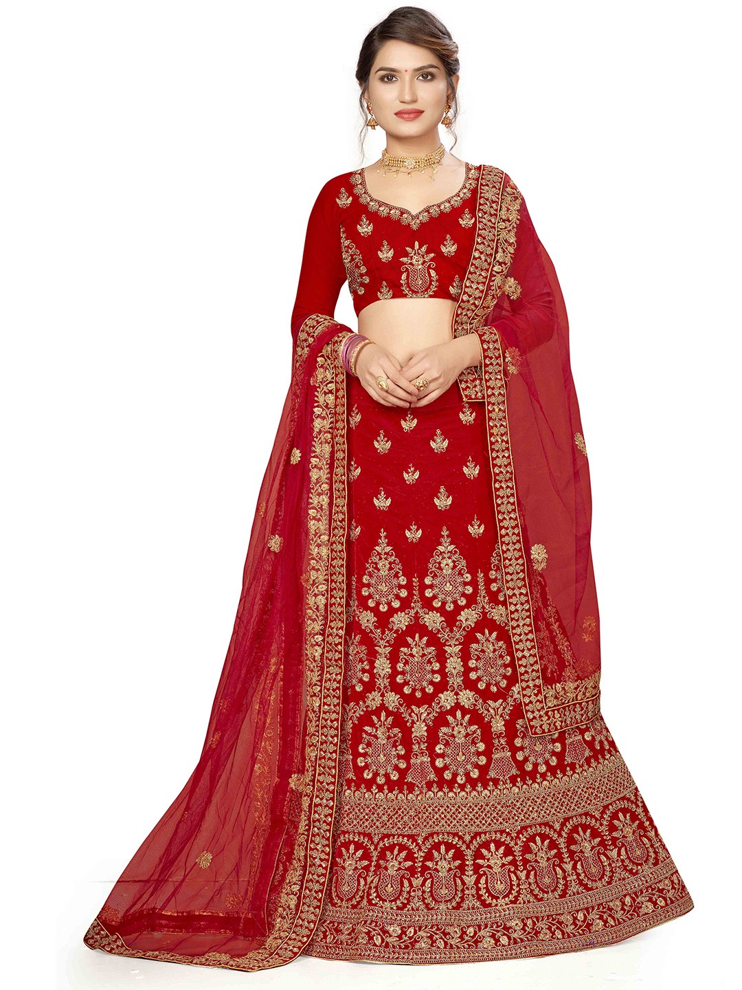 

MANVAA Embroidered Thread Work Semi-Stitched Lehenga & Unstitched Blouse With Dupatta, Red
