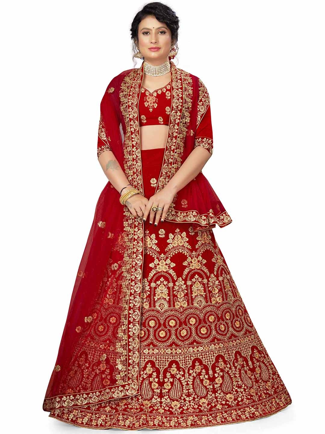 

MANVAA Embroidered Velvet Semi-Stitched Lehenga & Unstitched Blouse With Dupatta, Red