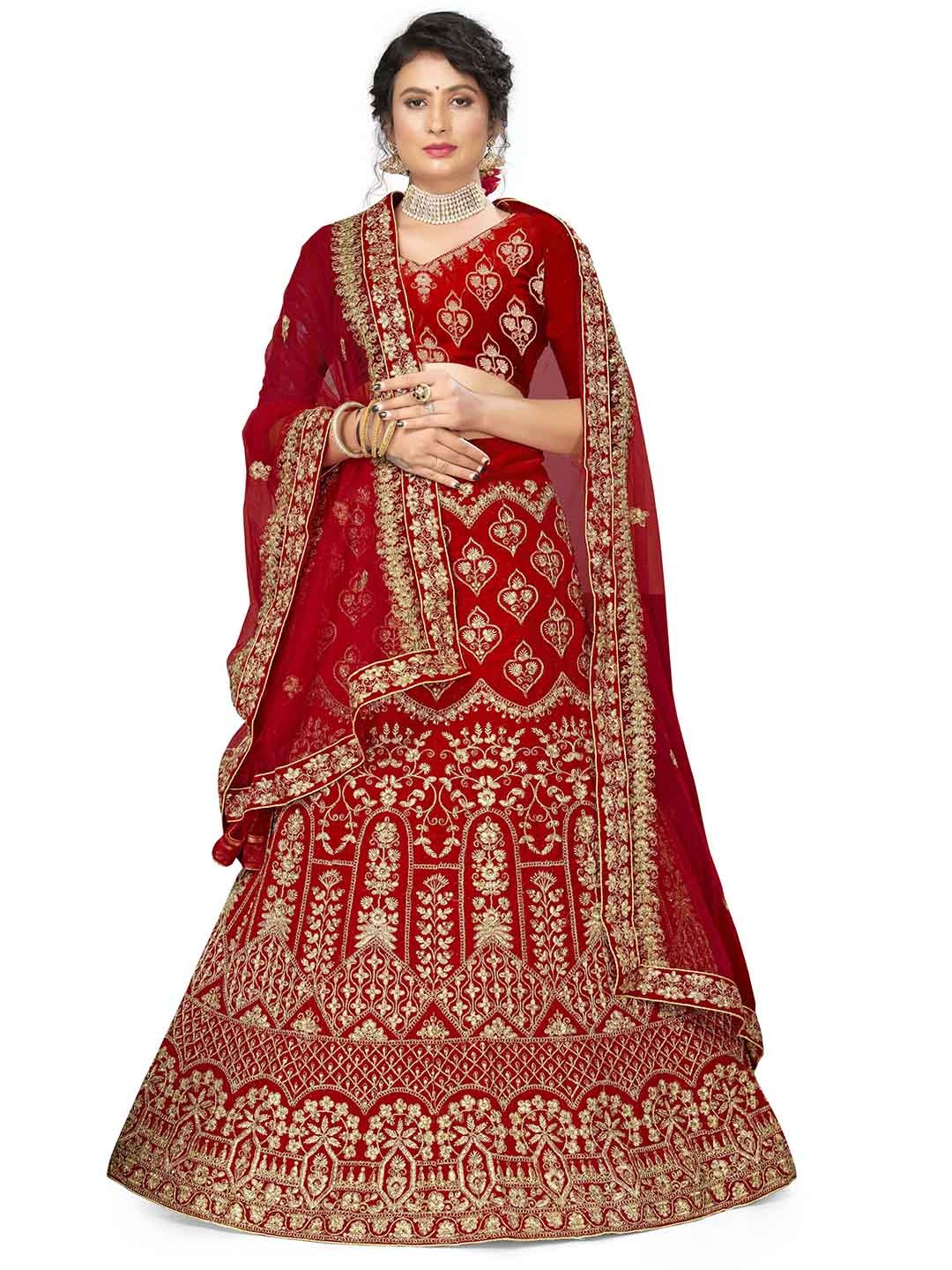 

MANVAA Embroidered Beads and Stones Semi-Stitched Lehenga & Unstitched Blouse With Dupatta, Red