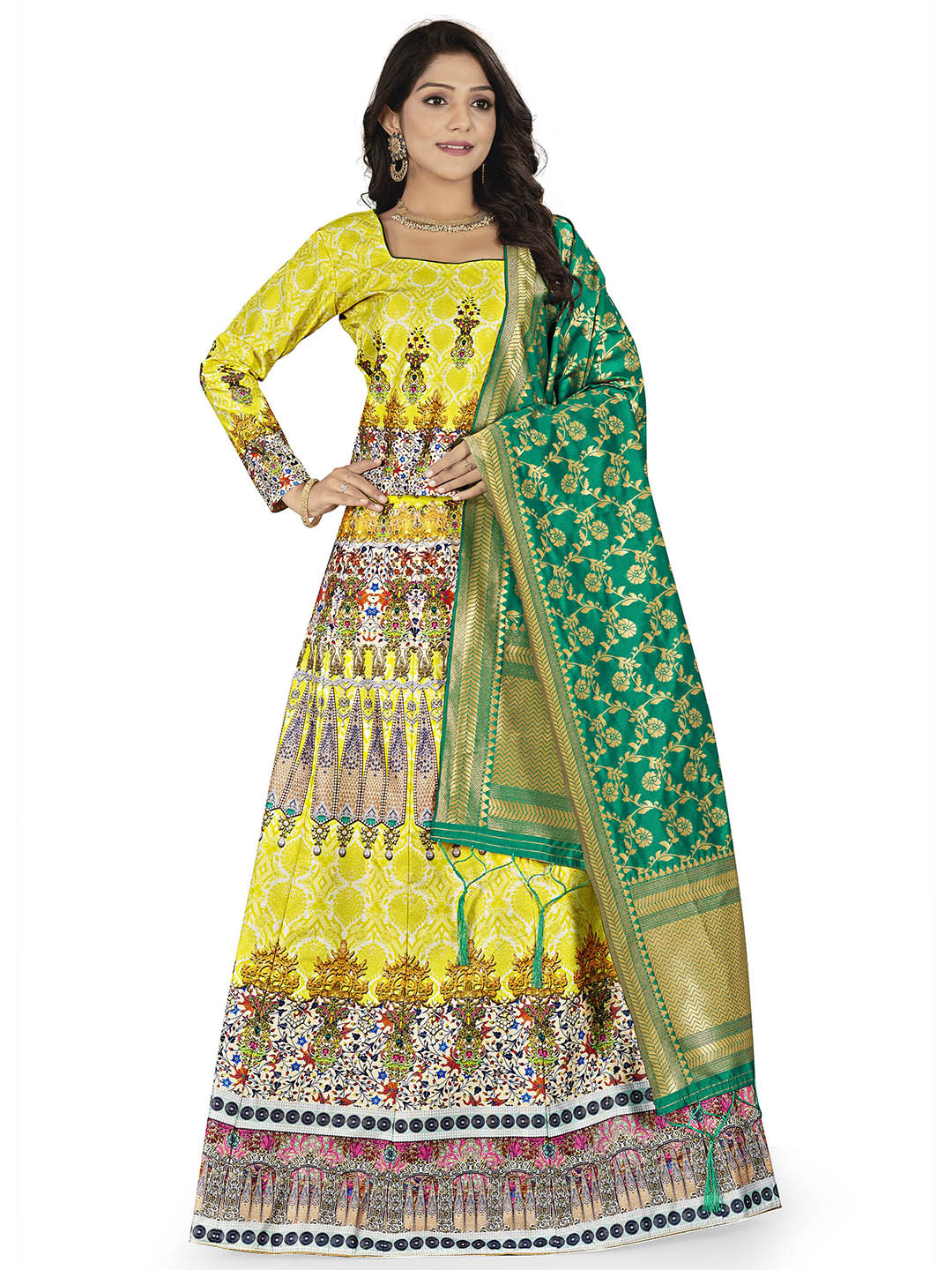 

MANVAA Ethnic Motifs Printed Semi-Stitched Lehenga & Unstitched Blouse With Dupatta, Green