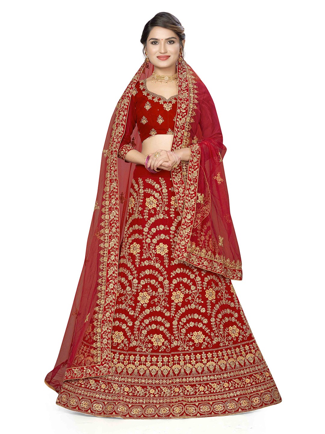 

MANVAA Floral Embroidered Velvet Semi-Stitched Lehenga Choli, Red