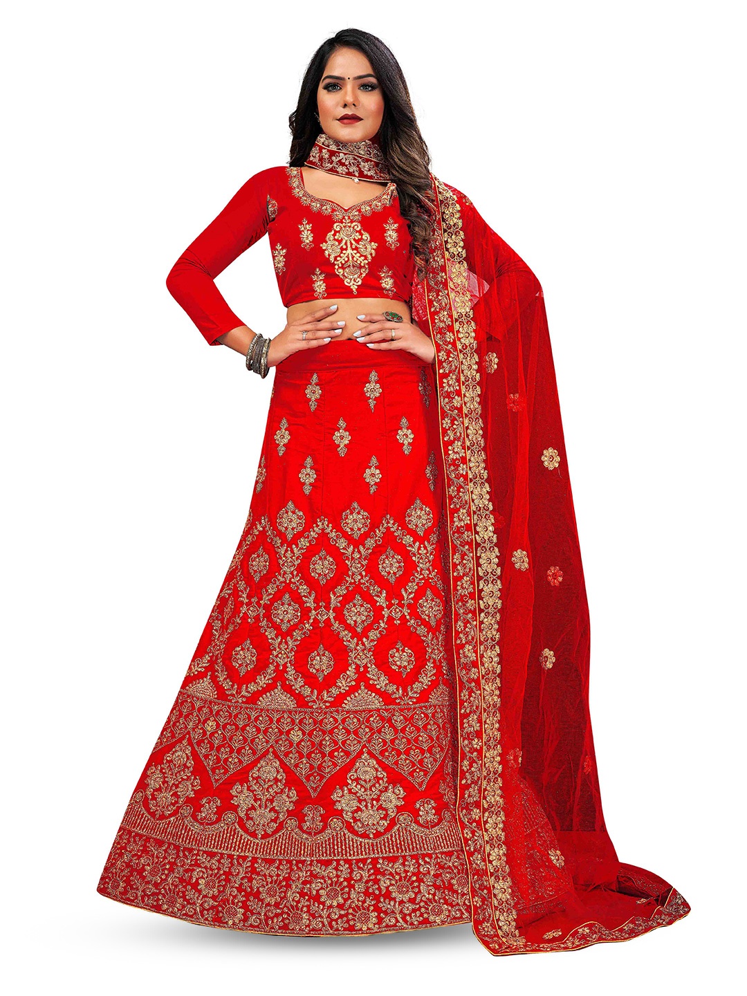 

MANVAA Floral Embroidered Velvet Semi-Stitched Lehenga Choli, Red
