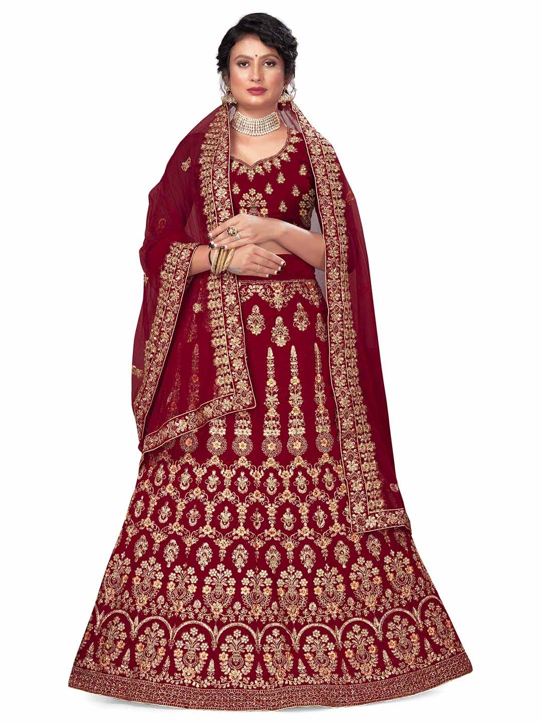 

MANVAA Embroidered Beads and Stones Semi-Stitched Lehenga & Unstitched Blouse With Dupatta, Maroon