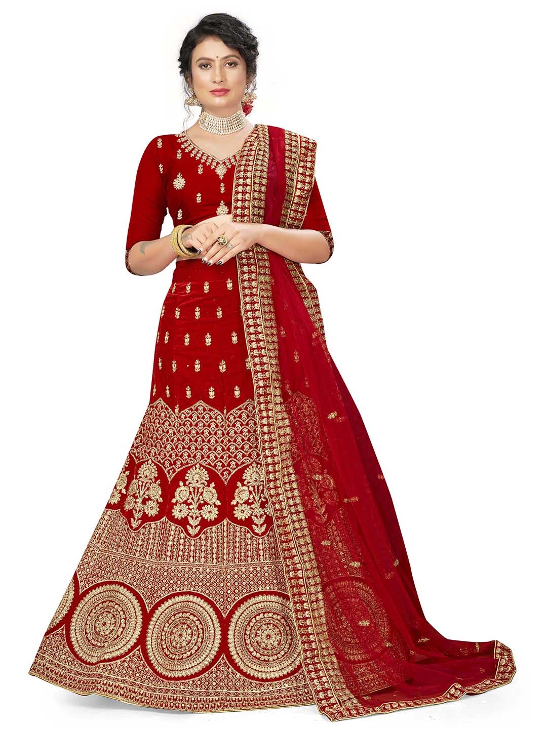 

MANVAA Embroidered Beads and Stones Semi-Stitched Lehenga & Unstitched Blouse With Dupatta, Red