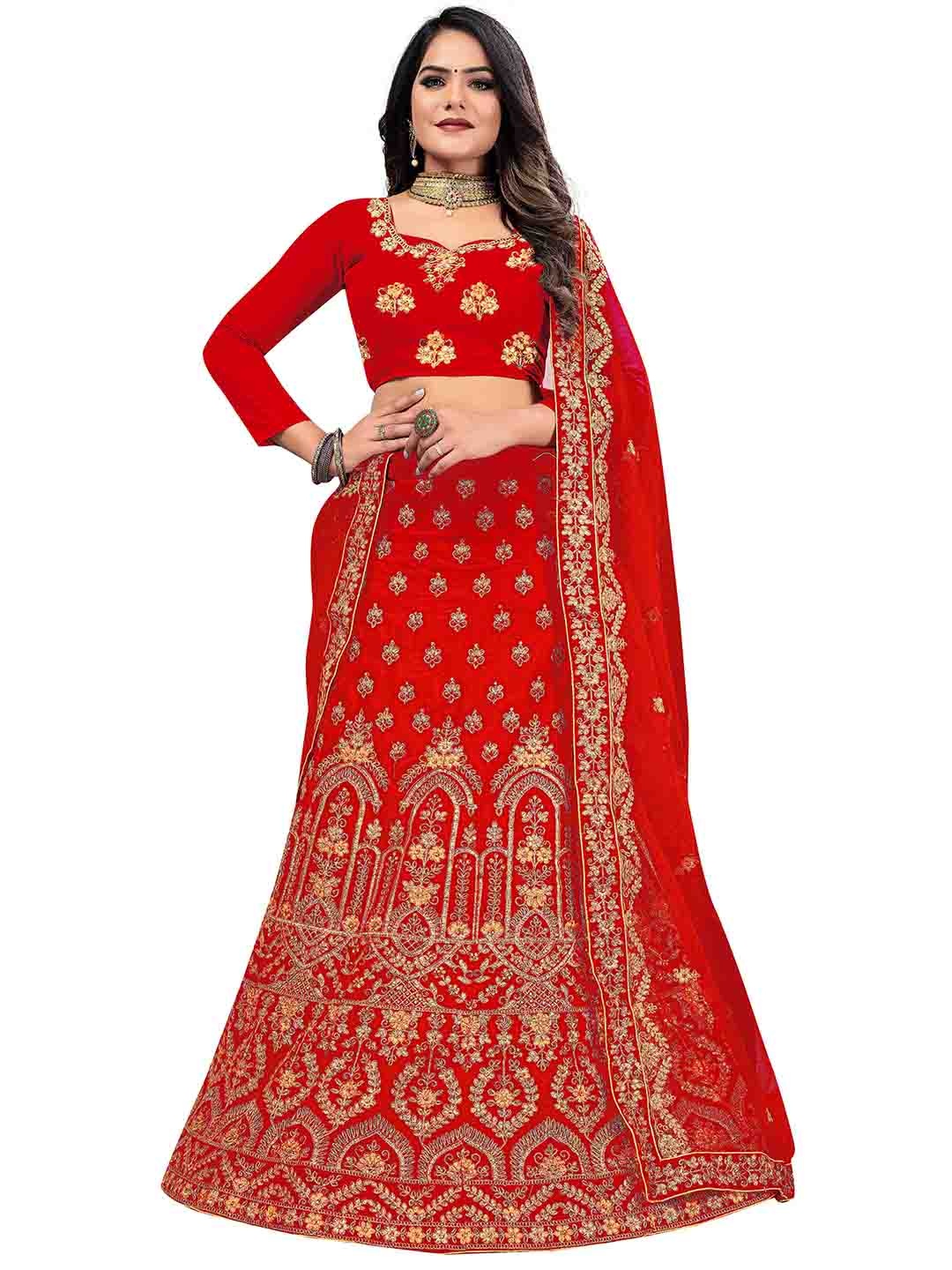 

MANVAA Embellished Beads & Stones Semi-Stitched Lehenga & Unstitched Blouse With Dupatta, Red