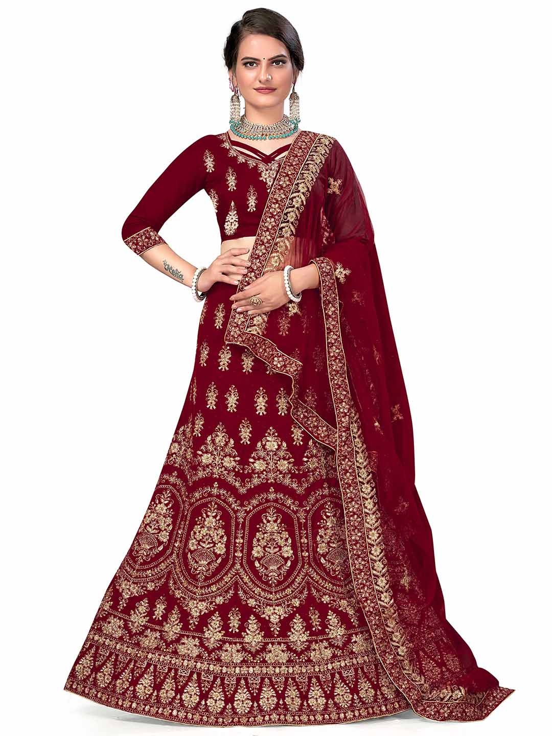 

MANVAA Embroidered Semi-Stitched Lehenga & Unstitched Blouse With Dupatta, Maroon