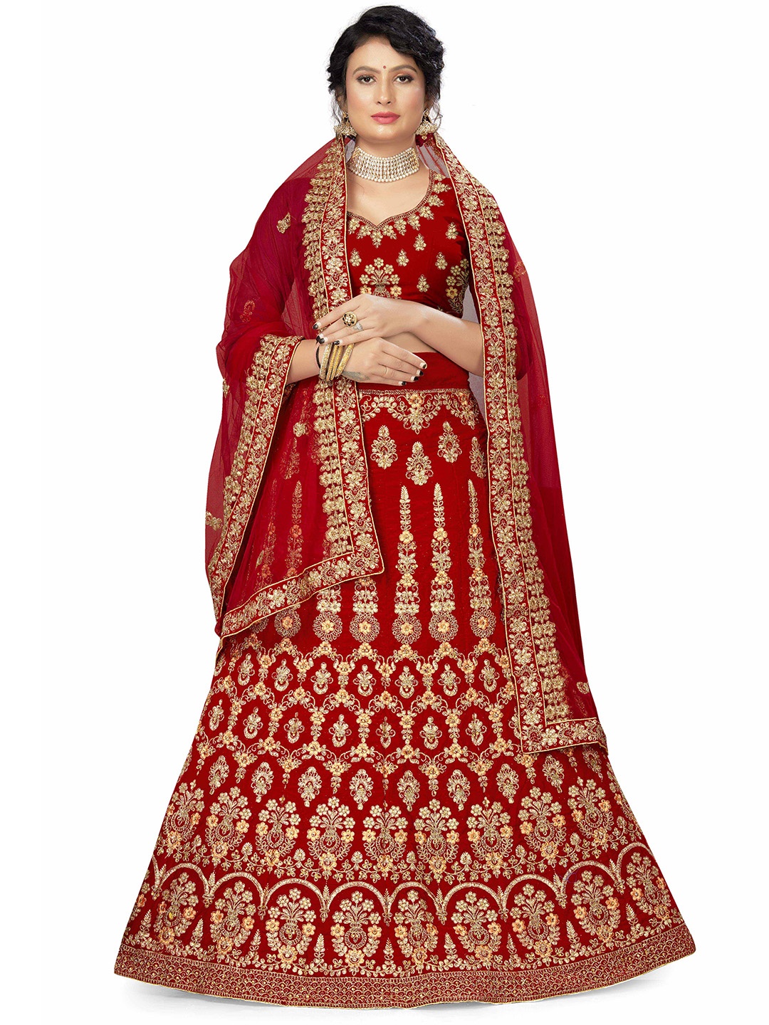 

MANVAA Embroidered Beads and Stones Semi-Stitched Lehenga & Unstitched Blouse With Dupatta, Red