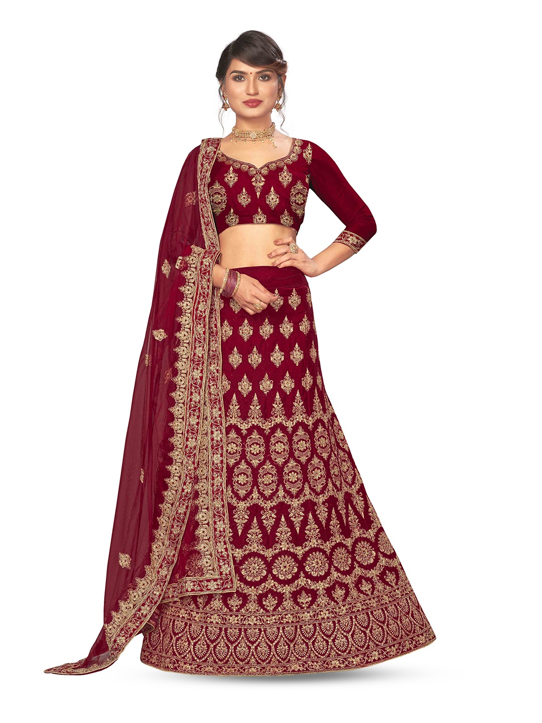 

MANVAA Embroidered Thread Work Semi-Stitched Lehenga & Unstitched Blouse With Dupatta, Maroon