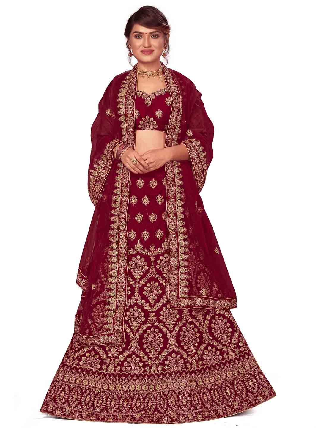 

MANVAA Embroidered Semi-Stitched Lehenga & Unstitched Blouse With Dupatta, Maroon