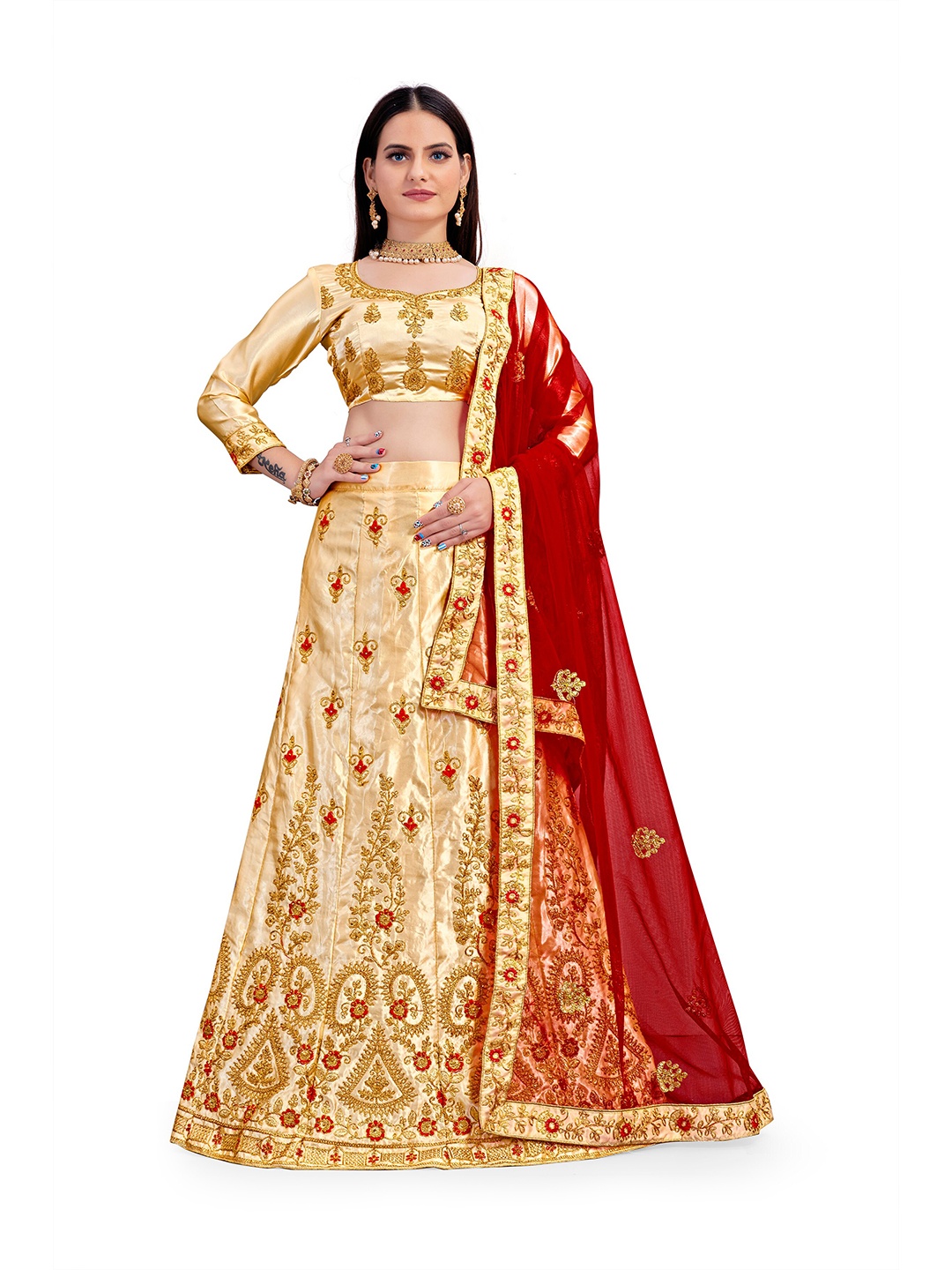 

MANVAA Embroidered Beads and Stones Semi-Stitched Lehenga & Unstitched Blouse With, Cream